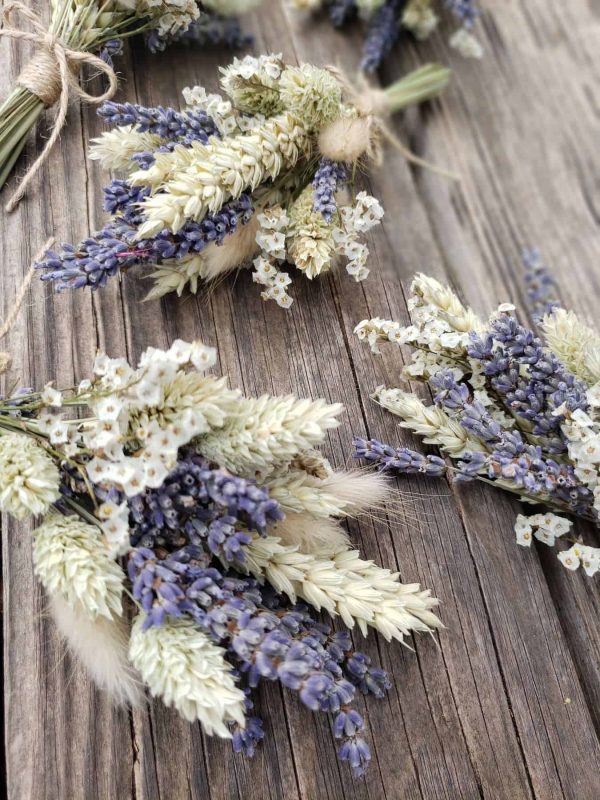 dried lavender buttonholes-hessian-rustic wedding flowers-dried flowers