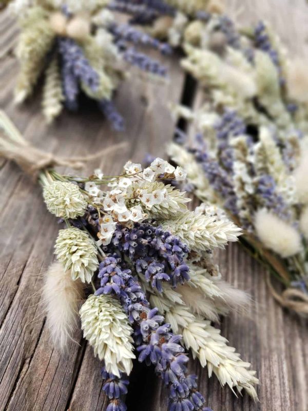 dried lavender buttonholes-hessian-rustic wedding flowers-dried flowers