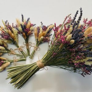 dried flowers-brides bouquet and buttonholes-dried lavender-limonium-phalaris-bunny tails-rustic wedding-hessian