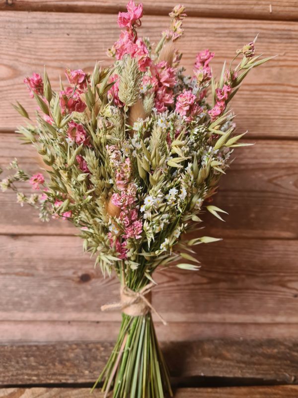 pink larkspur-bouquet-dried wedding flowers-natural-bridesmaid bouquet